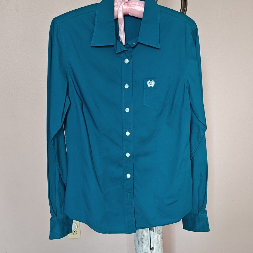Cinch Teal Button Down Shirt for Women